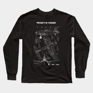 F4U Corsair | World War 2 Plane Blueprint Long Sleeve T-Shirt